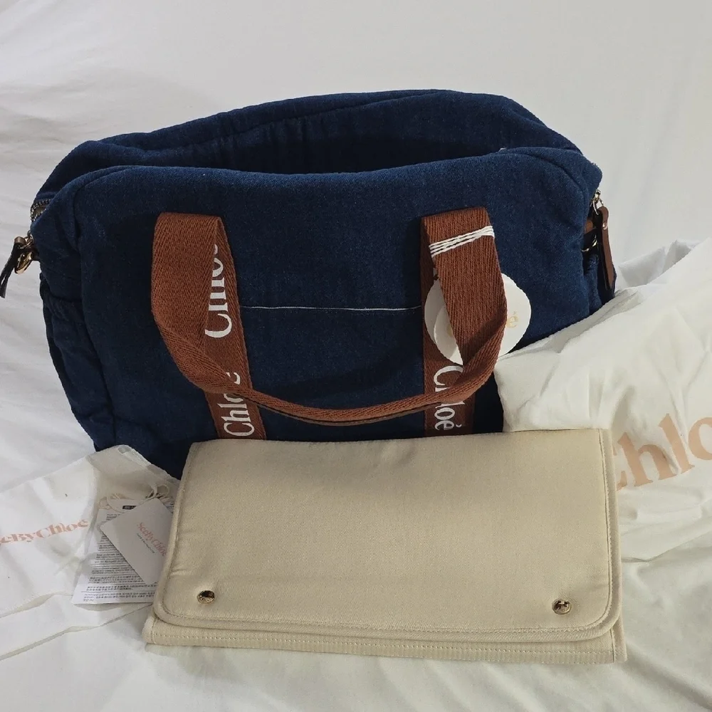 NWT Chloé Denim Blue Logo Baby Changing Diaper Bag Set Authentic